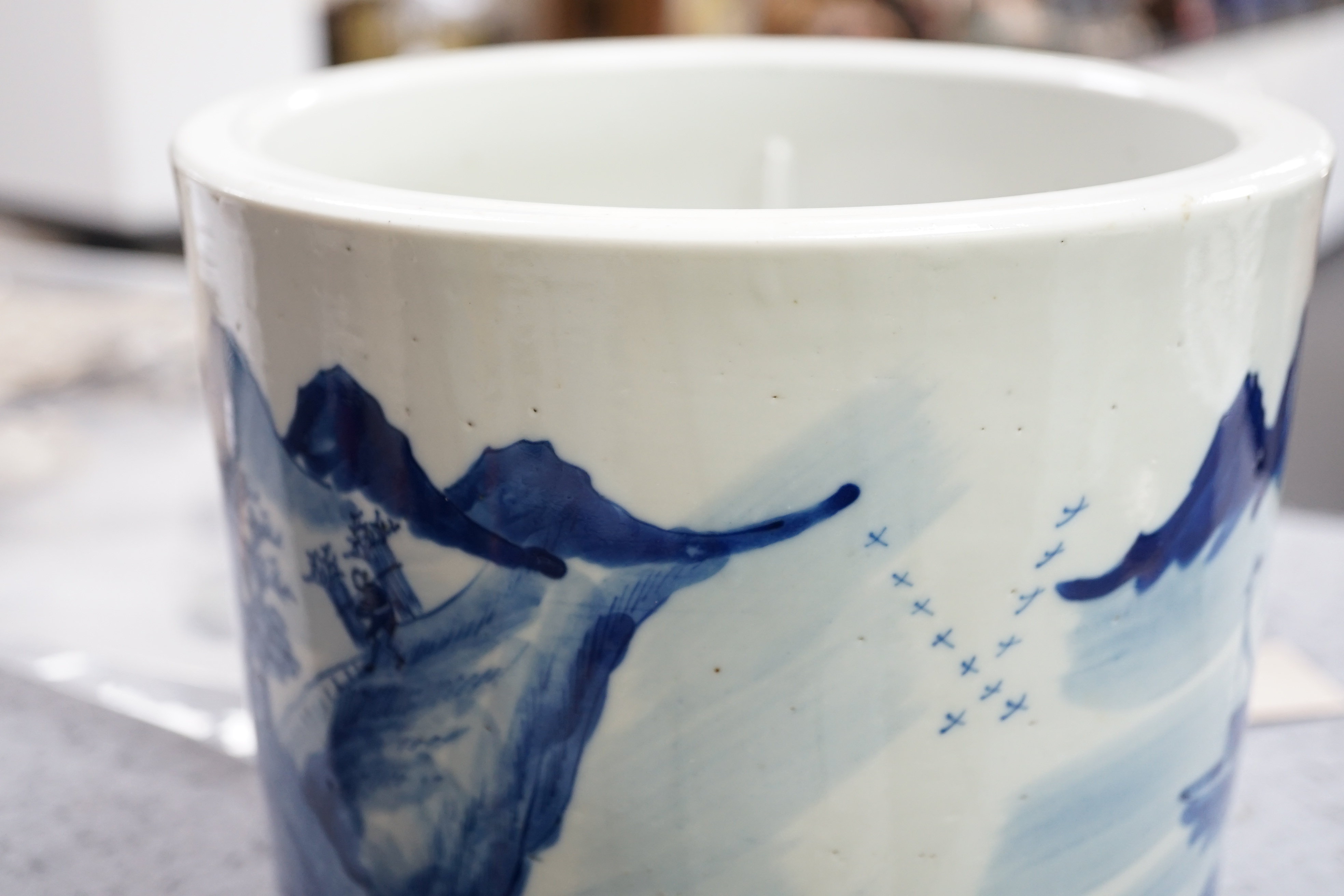 A Chinese blue and white ‘landscape’ cylindrical brushpot, bitong, 19th century